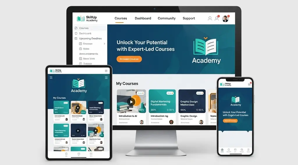 Captura de pantalla de una plataforma de educación online (LMS) con cursos y videos